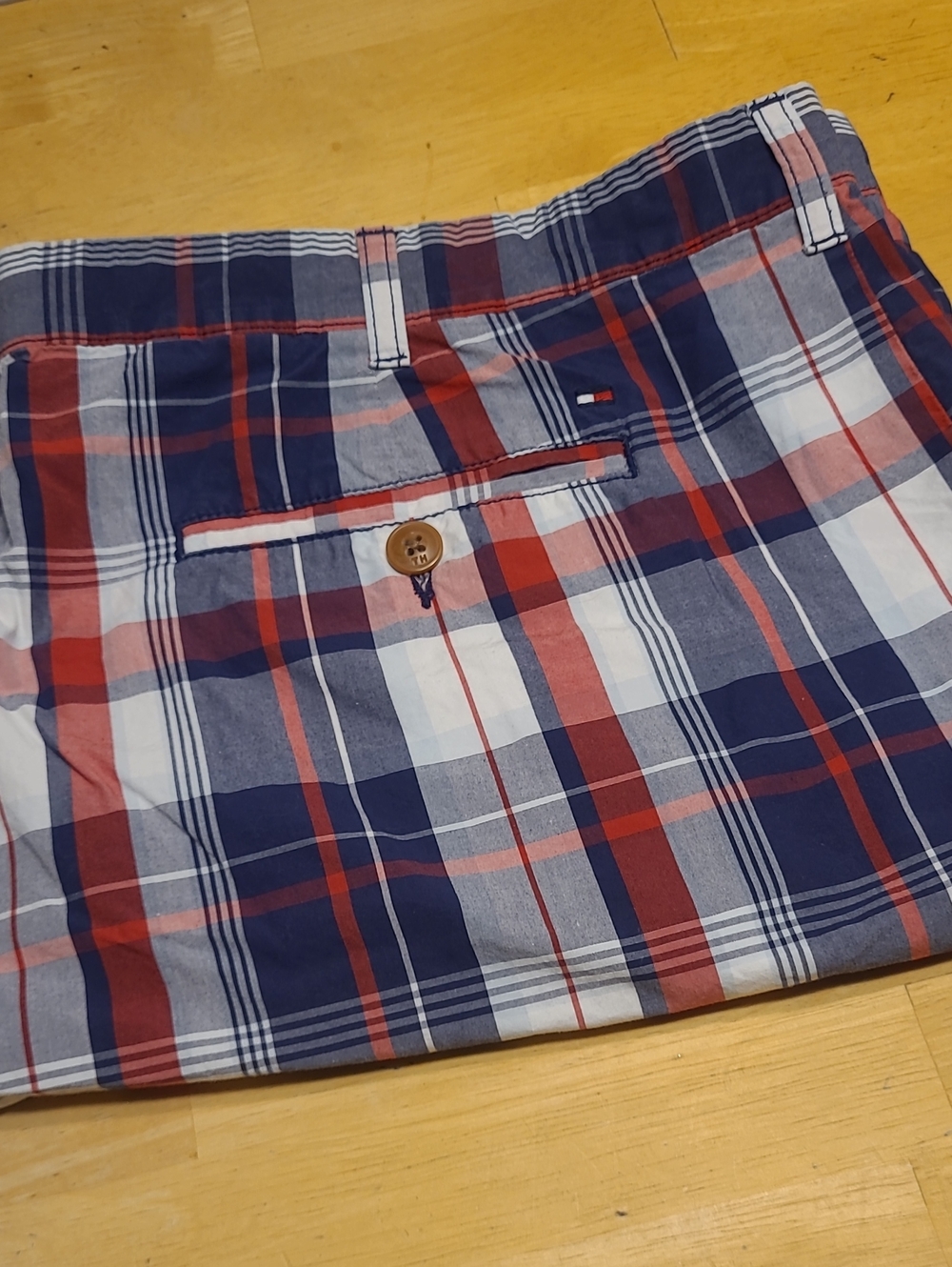 Tommy Hilfiger 44" Waiste Men's Navy and White Plaid Shorts With Red Stripe